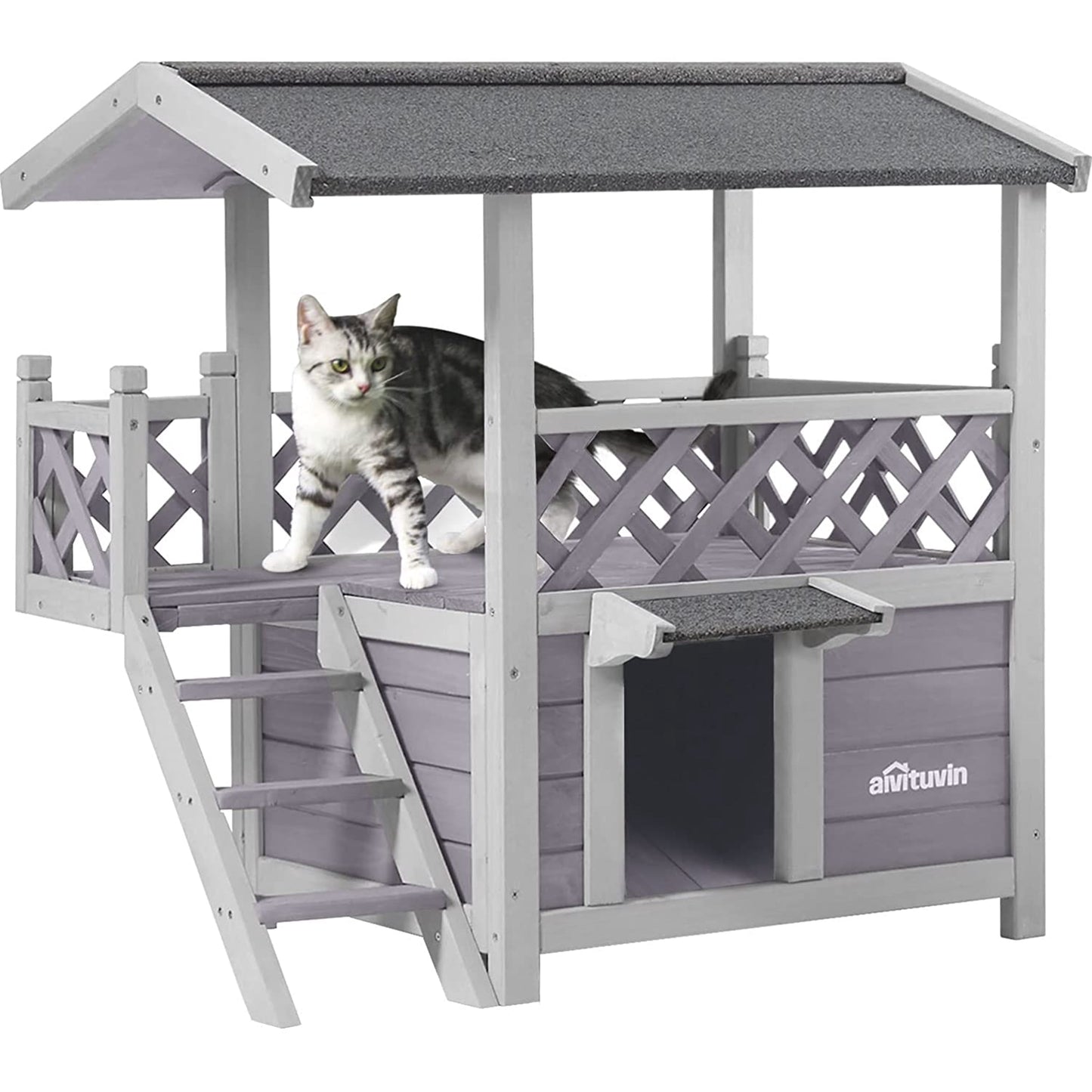 Wood Cat House with Balcony, Outdoor Indoor Kitty Shelter with Stairs
