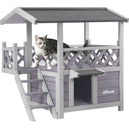 Wood Cat House with Balcony, Outdoor Indoor Kitty Shelter with Stairs
