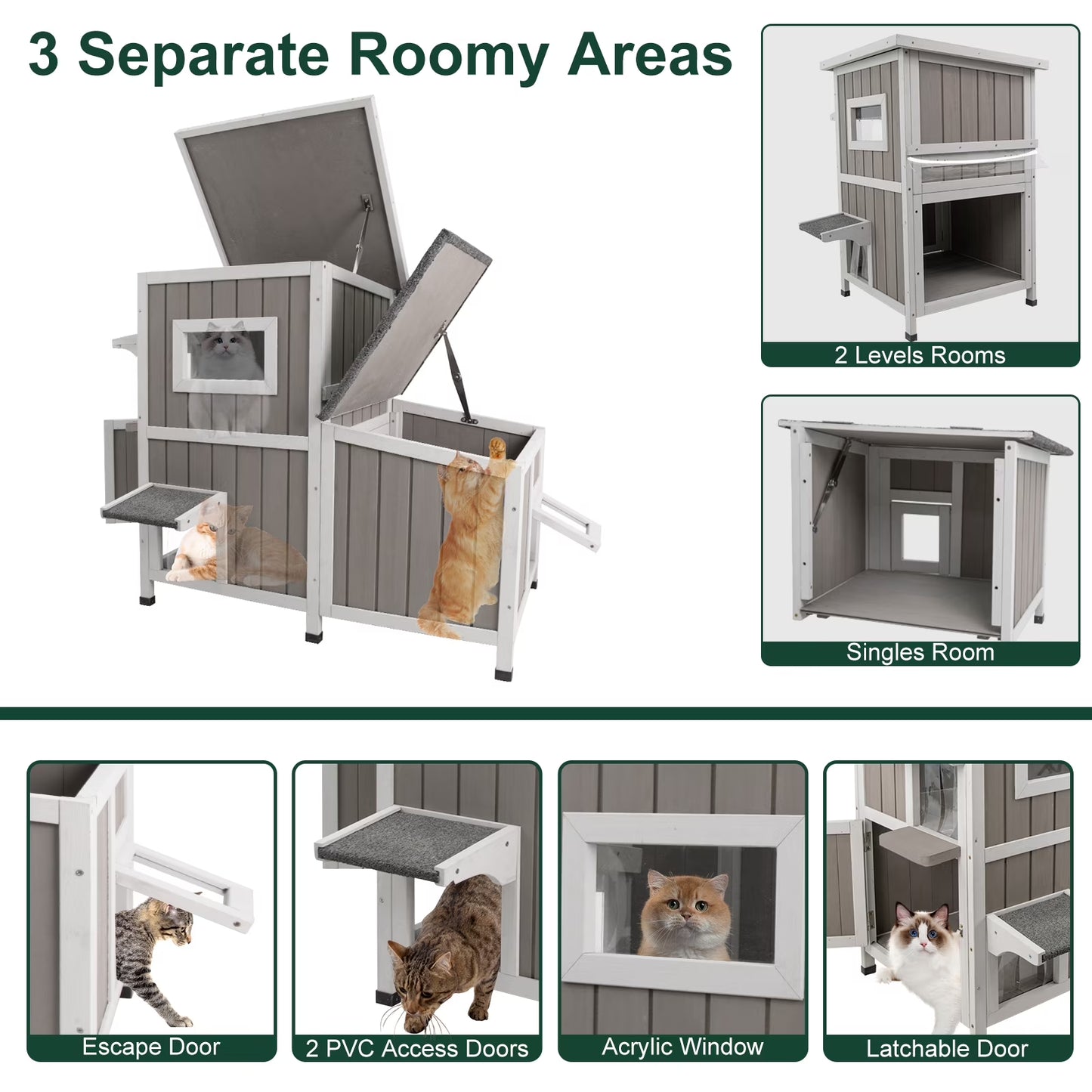 Outdoor Cat House 2-Story Wooden Condo - Weatherproof, Acrylic Window - Gray