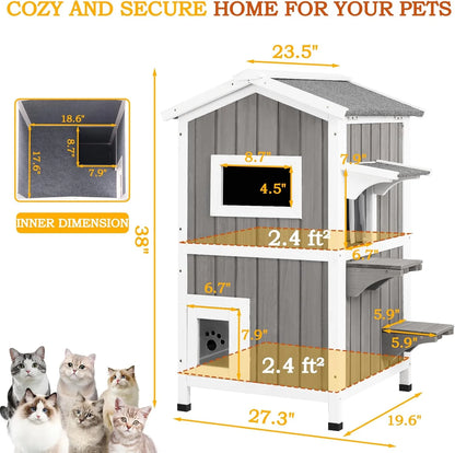 Insulated Outdoor Cat House Two Story - Weatherproof Elevated - Gray