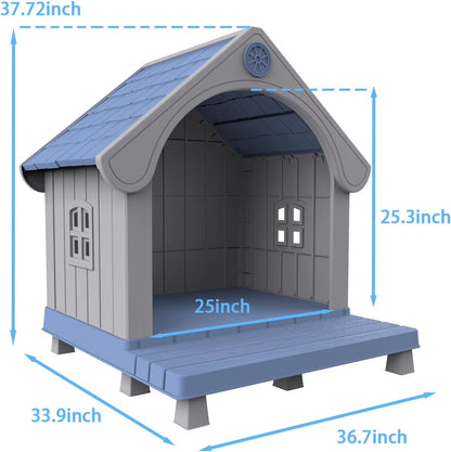 Dog House Resin Dog Kennel with Cute Elegant Design & Extended Elevated Floor, Dog Houses for Large Dogs outside Weatherproof for Indoor & Outdoor Use
