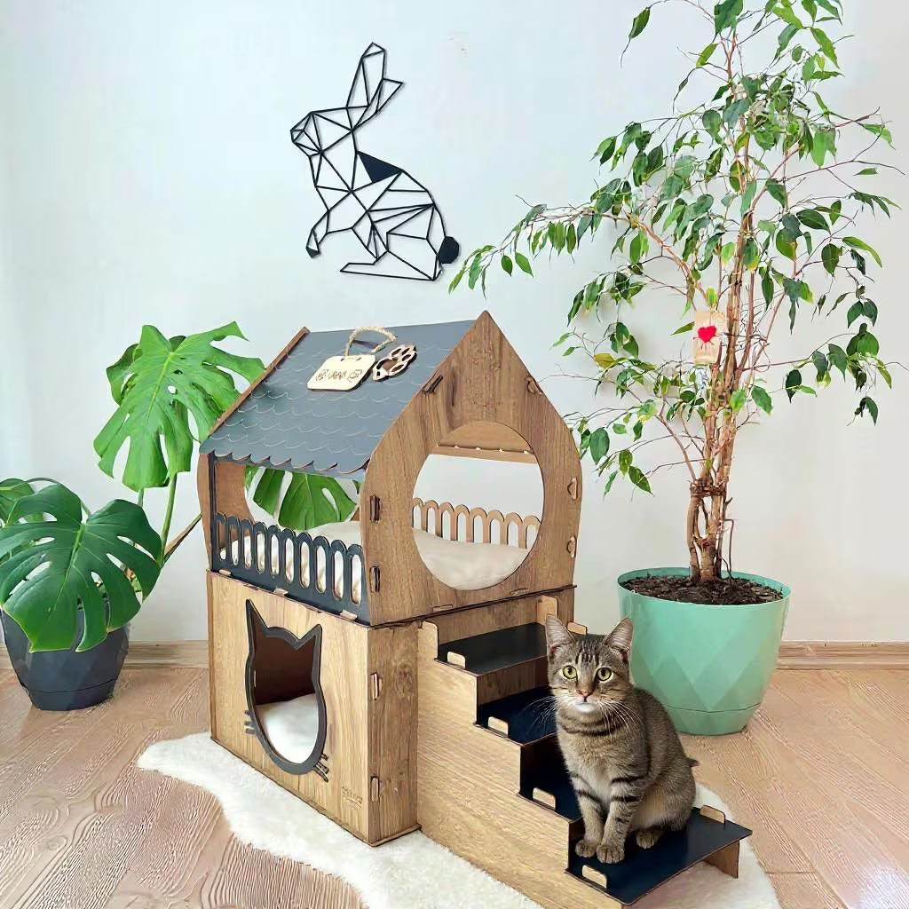 Extra Large Cat House, Two-Story Wooden Cat House, Indoor Cat Castle with Custom Nameplate, Modern Cat House, Cat Furniture, Cat Bed