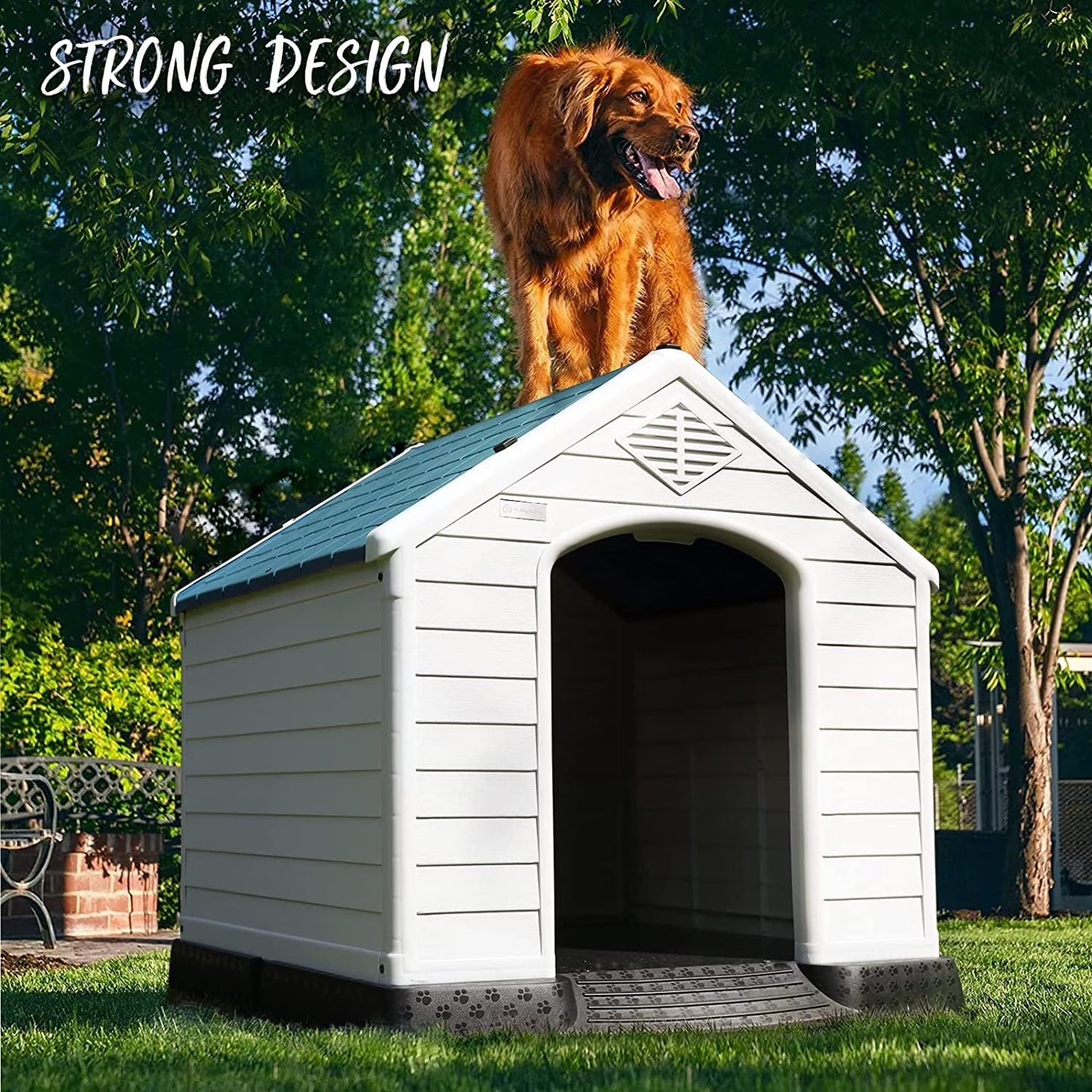 Durable Waterproof Plastic Dog House for Small to Large Sized Dogs, Indoor Outdoor Doghouse with Elevated Floor