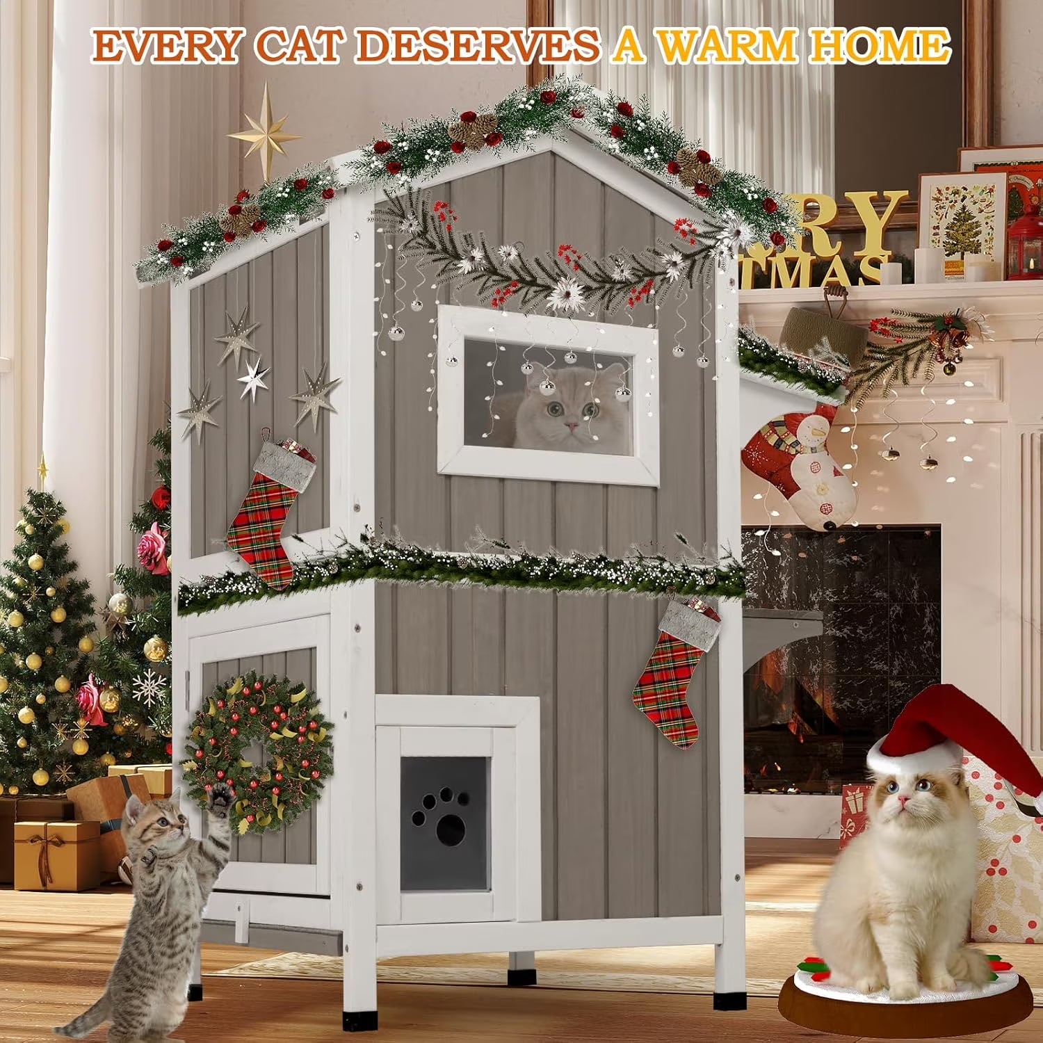 Insulated Outdoor Cat House Two Story - Weatherproof Elevated - Gray