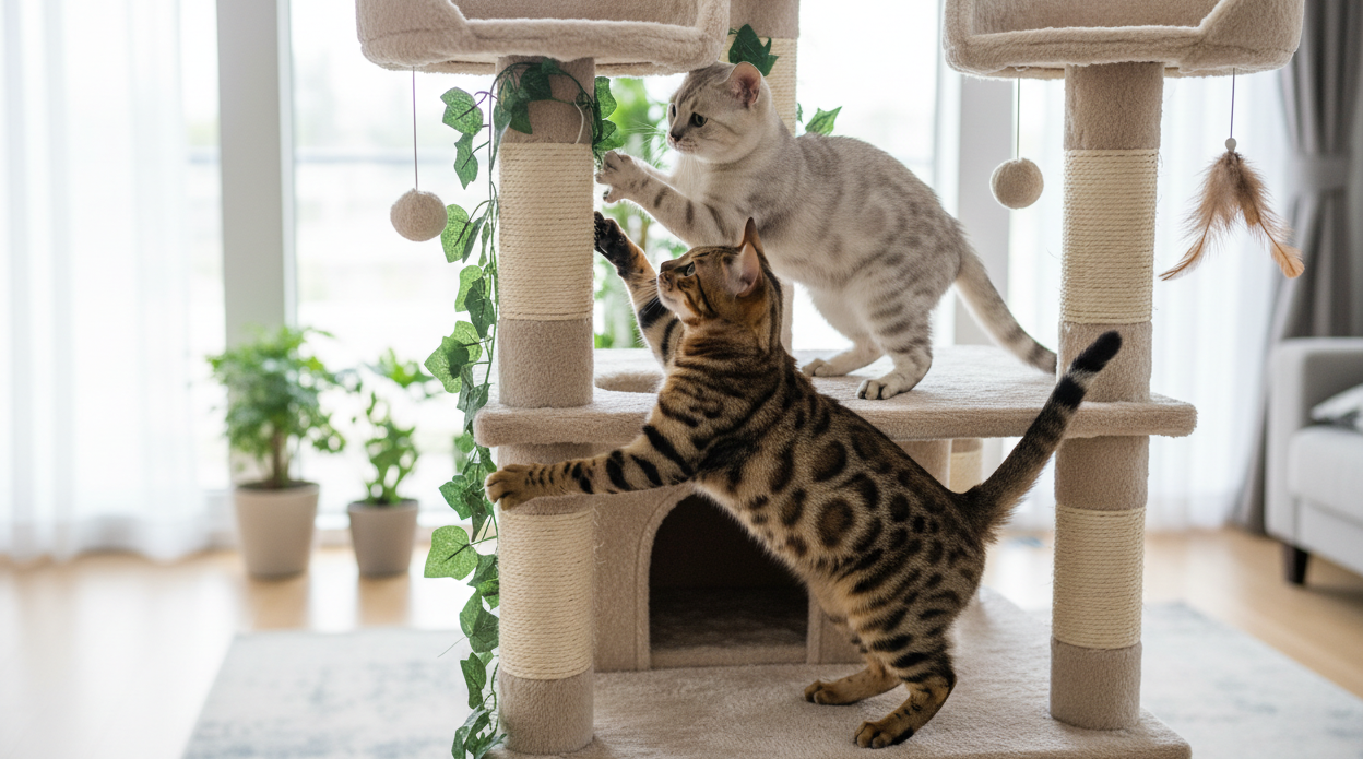 due gatti del bengala (uno bianco e l'altro del colore classico) che giocano su una torre per gatti [l'immagine deve essere orizzontale]