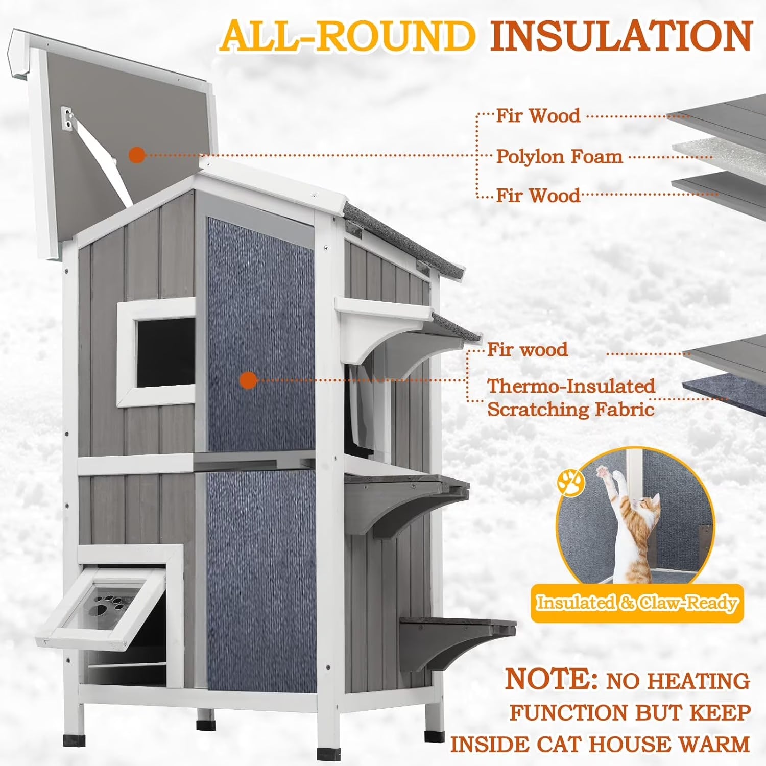 Insulated Outdoor Cat House Two Story - Weatherproof Elevated - Gray