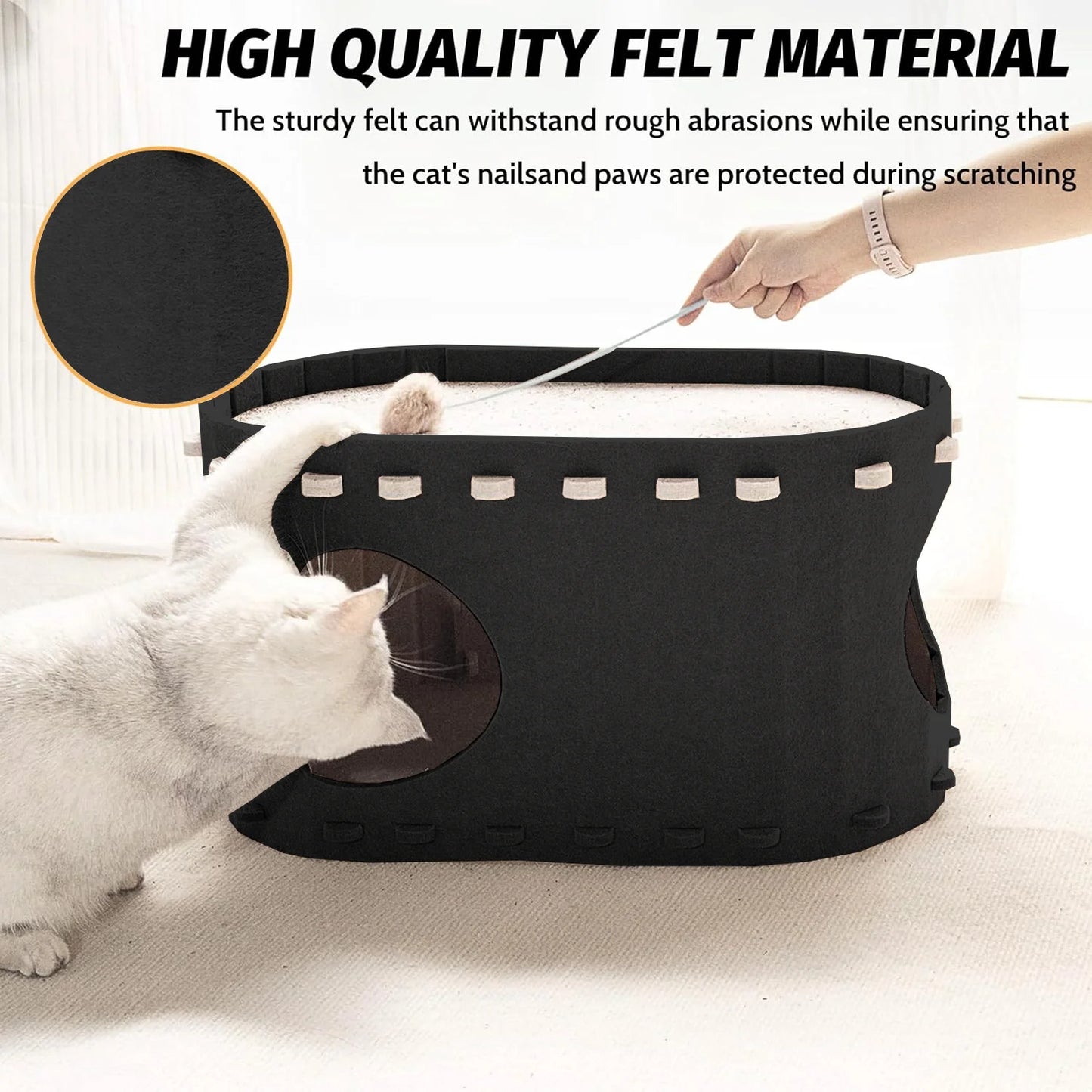 Cat Bed,  Extra Large Cat House with Scratch Pad and Fluffy Ball Hanging ,24"X16"X13", Khaki