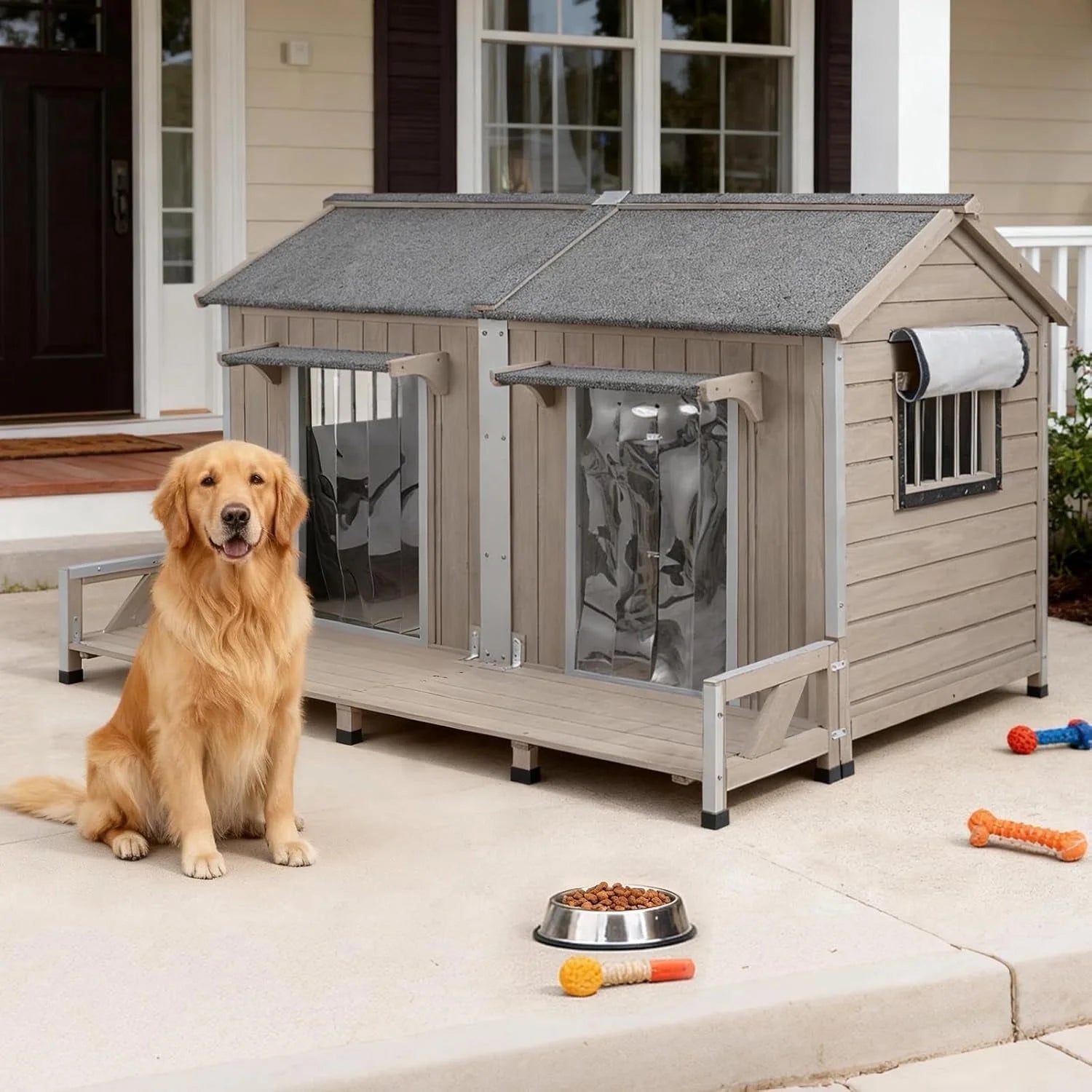 59.4"L Extra Large Dog House Outdoor with Openable Roof & 2 Doors for Large Dogs