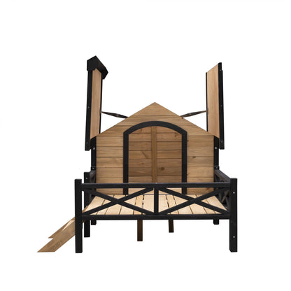 66" Outdoor Dog House, Large Wooden Dog Kennel with Porch, Cabin House Style Pet Houses for Cats, Brown