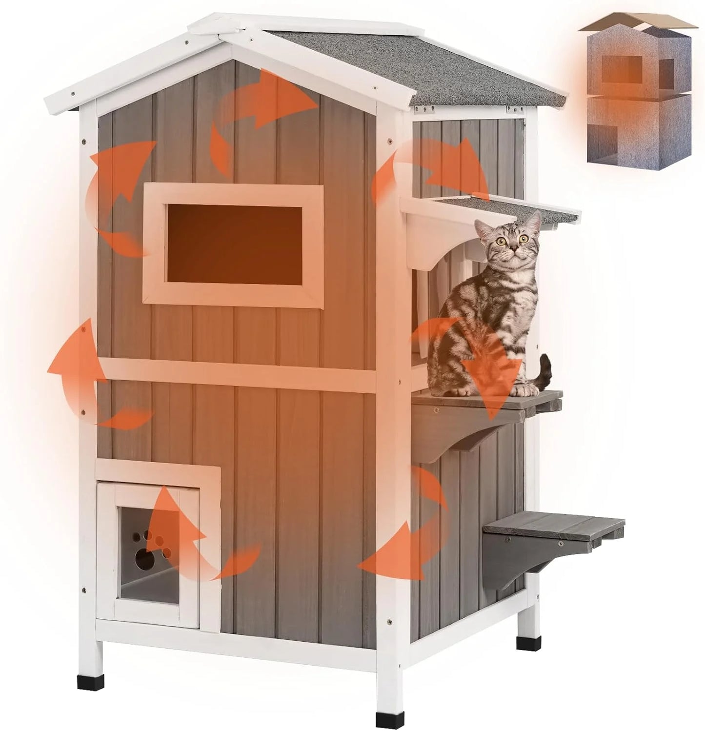 Insulated Outdoor Cat House Two Story - Weatherproof Elevated - Gray