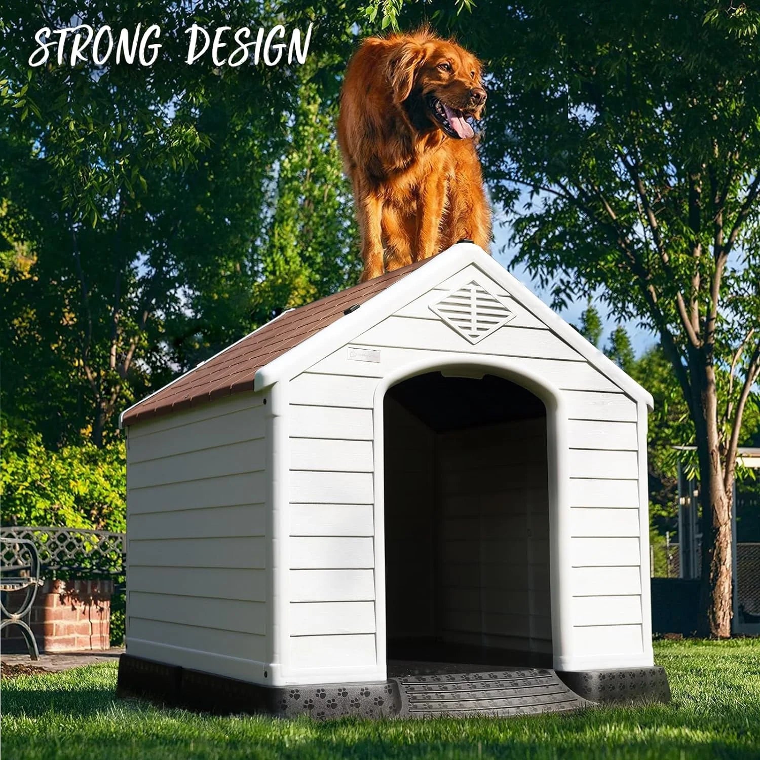 Durable Waterproof Plastic Dog House for Small to Large Sized Dogs, Indoor Outdoor Doghouse with Elevated Floor