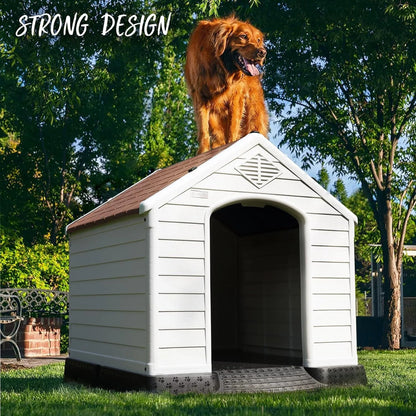 Durable Waterproof Plastic Dog House for Small to Large Sized Dogs, Indoor Outdoor Doghouse with Elevated Floor