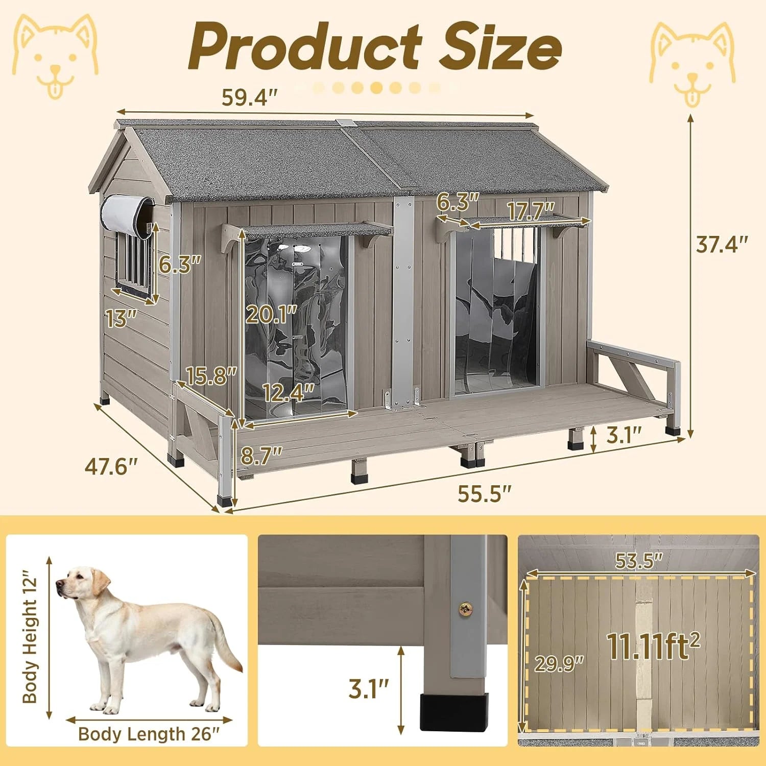 59.4"L Extra Large Dog House Outdoor with Openable Roof & 2 Doors for Large Dogs