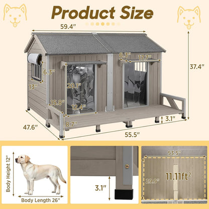 59.4"L Extra Large Dog House Outdoor with Openable Roof & 2 Doors for Large Dogs