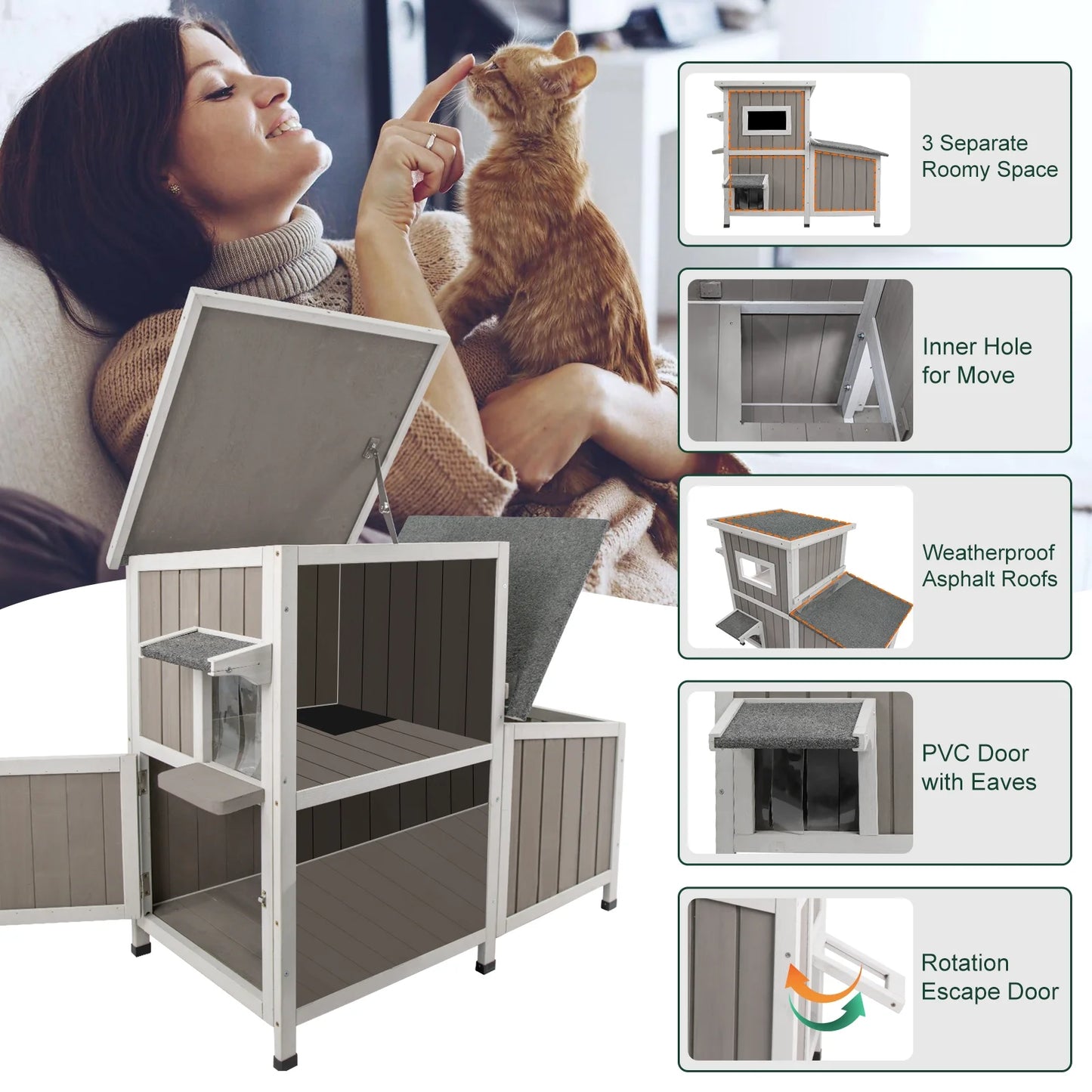 Outdoor Cat House 2-Story Wooden Condo - Weatherproof, Acrylic Window - Gray