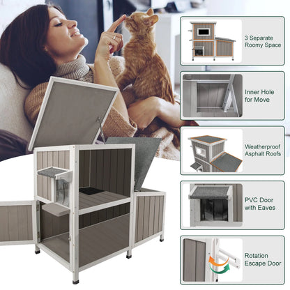 Outdoor Cat House 2-Story Wooden Condo - Weatherproof, Acrylic Window - Gray