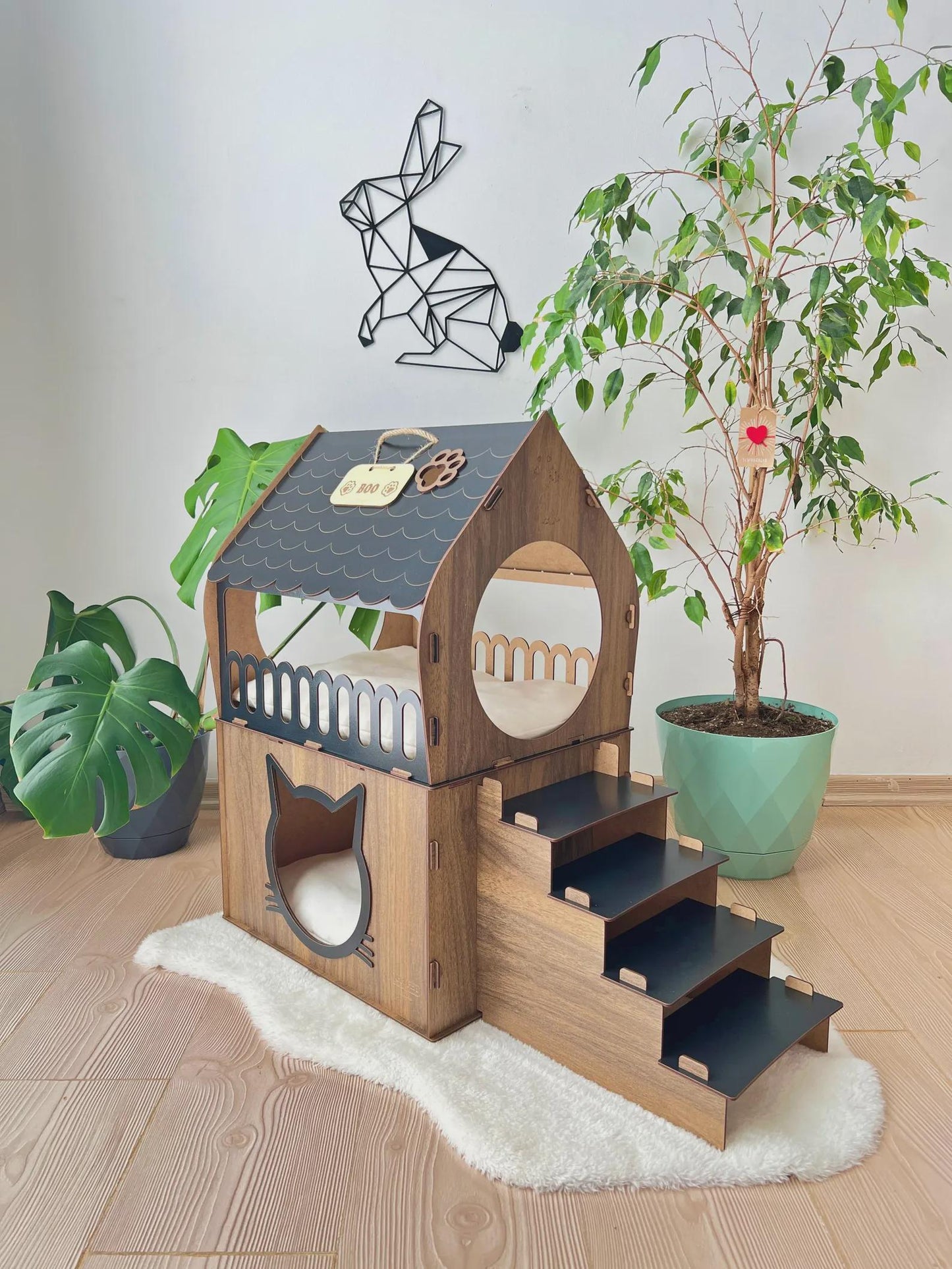 Extra Large Cat House, Two-Story Wooden Cat House, Indoor Cat Castle with Custom Nameplate, Modern Cat House, Cat Furniture, Cat Bed