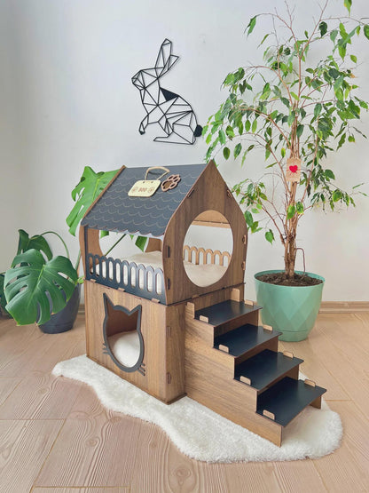 Extra Large Cat House, Two-Story Wooden Cat House, Indoor Cat Castle with Custom Nameplate, Modern Cat House, Cat Furniture, Cat Bed