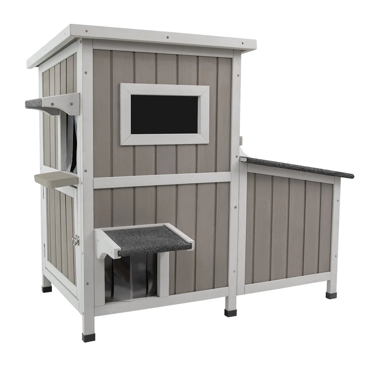 Outdoor Cat House 2-Story Wooden Condo - Weatherproof, Acrylic Window - Gray