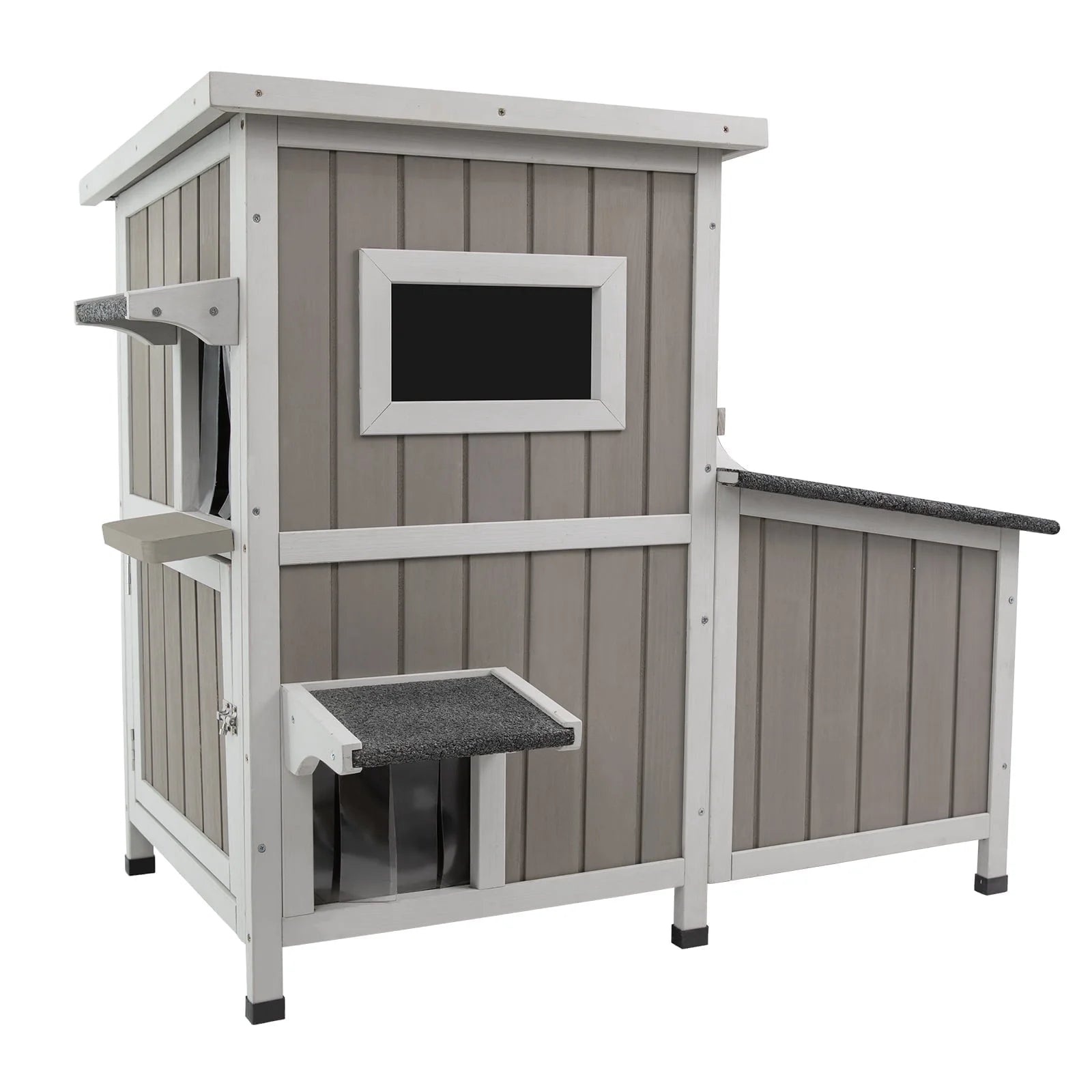 Outdoor Cat House 2-Story Wooden Condo - Weatherproof, Acrylic Window - Gray