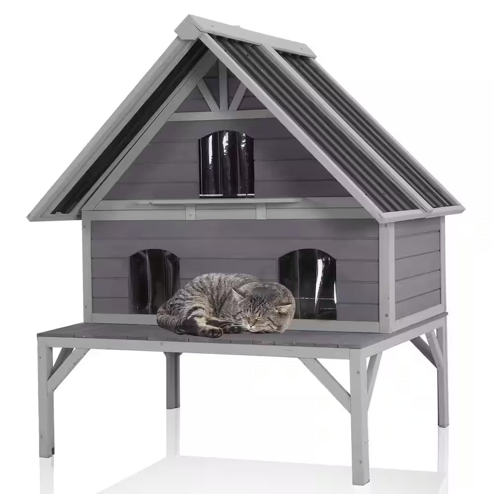 Wooden Outdoor Cat House, Outdoor 2 Story Cat House with Waterproof Roof
