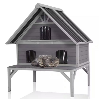 Wooden Outdoor Cat House, Outdoor 2 Story Cat House with Waterproof Roof