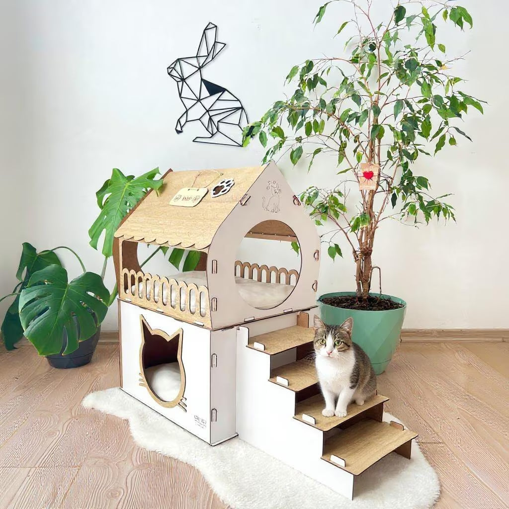 Extra Large Cat House, Two-Story Wooden Cat House, Indoor Cat Castle with Custom Nameplate, Modern Cat House, Cat Furniture, Cat Bed