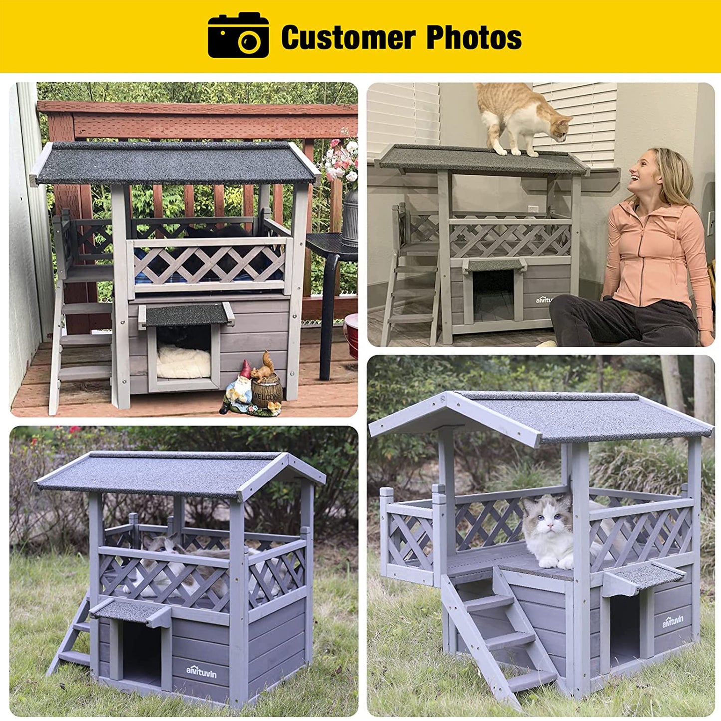 Wood Cat House with Balcony, Outdoor Indoor Kitty Shelter with Stairs