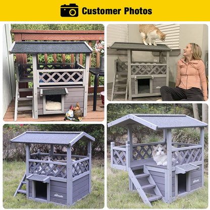Wood Cat House with Balcony, Outdoor Indoor Kitty Shelter with Stairs