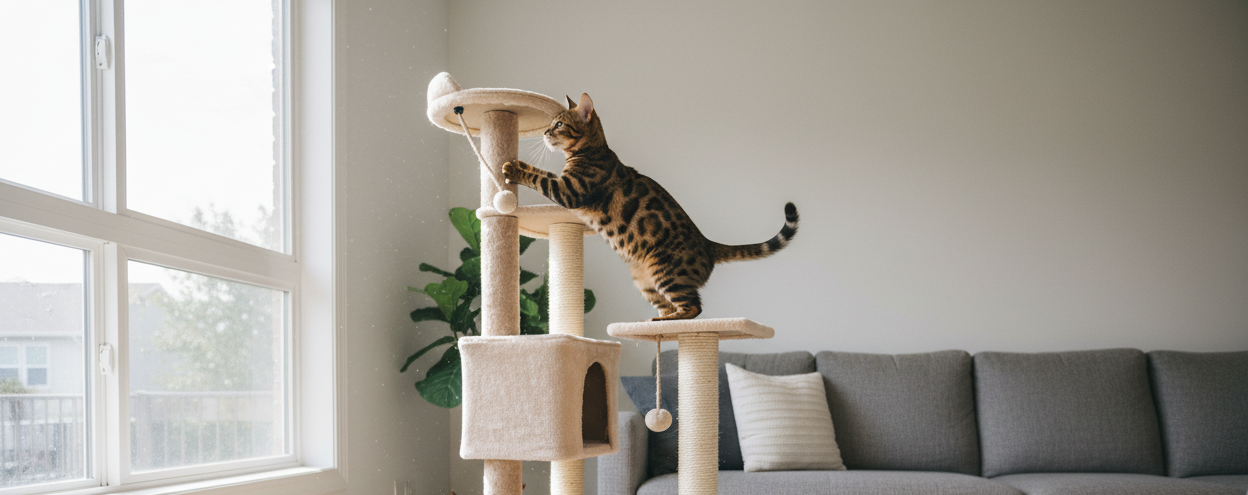 gatto del bengala che gioca su una torre per gatti, rendi la foto leggermente più lontana del normale 