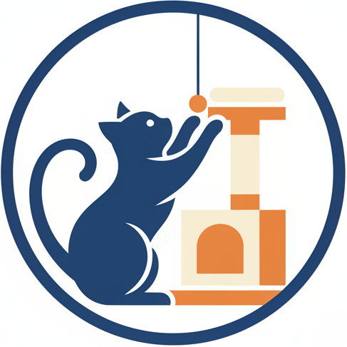 genera un'immagine stilizzata di un gatto che gioca con una piccola torre per gatti (l'immagine deve essere un logo e non deve contenere scritte)