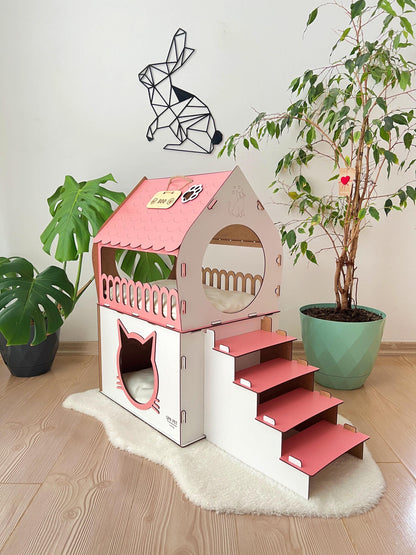 Extra Large Cat House, Two-Story Wooden Cat House, Indoor Cat Castle with Custom Nameplate, Modern Cat House, Cat Furniture, Cat Bed