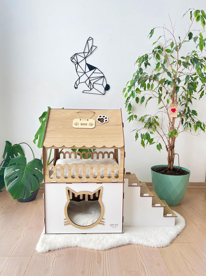Extra Large Cat House, Two-Story Wooden Cat House, Indoor Cat Castle with Custom Nameplate, Modern Cat House, Cat Furniture, Cat Bed