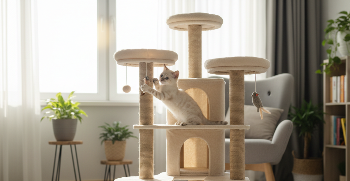  un cucciolo di gatto del bengala bianco gioca al centro di una torre per gatti, l'immagine deve essere abbastanza zoomed out